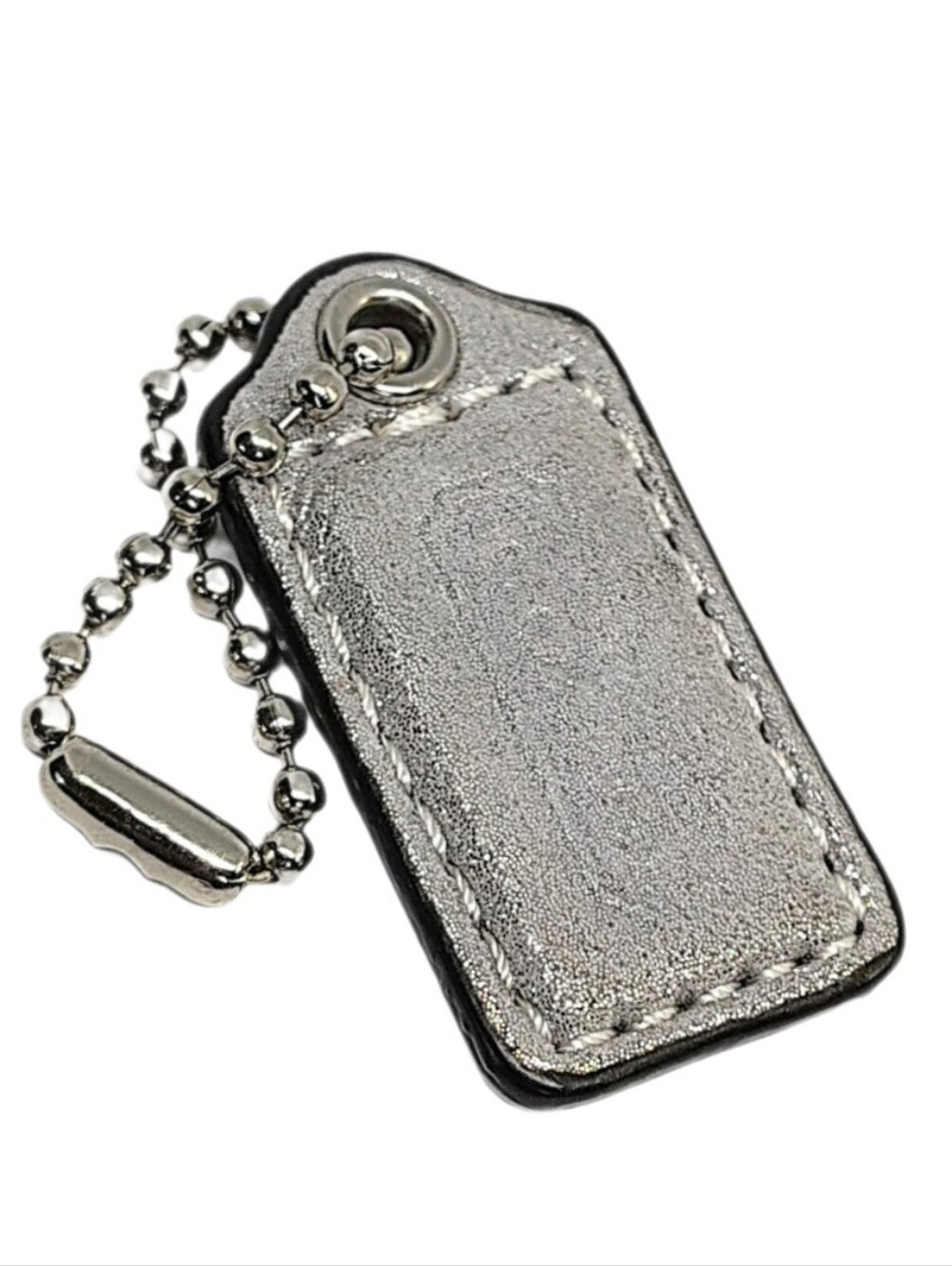 ❤️ 1.5" Coach Metallic Silver Matte Leather Hangtag Bag Fob Keychain Purse Charm